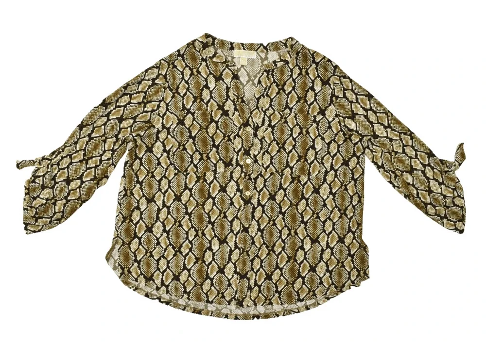 Michael Kors Women's XXL Snakeskin Print V-Neck Blouse 3/4 Sleeve with Gold Tone
